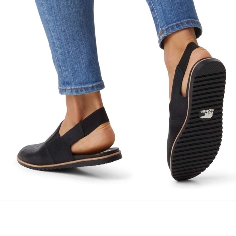 Sorel Women’s 7.5 Ella Slingback Black Leather Suede Sandal Stretch Heel Strap